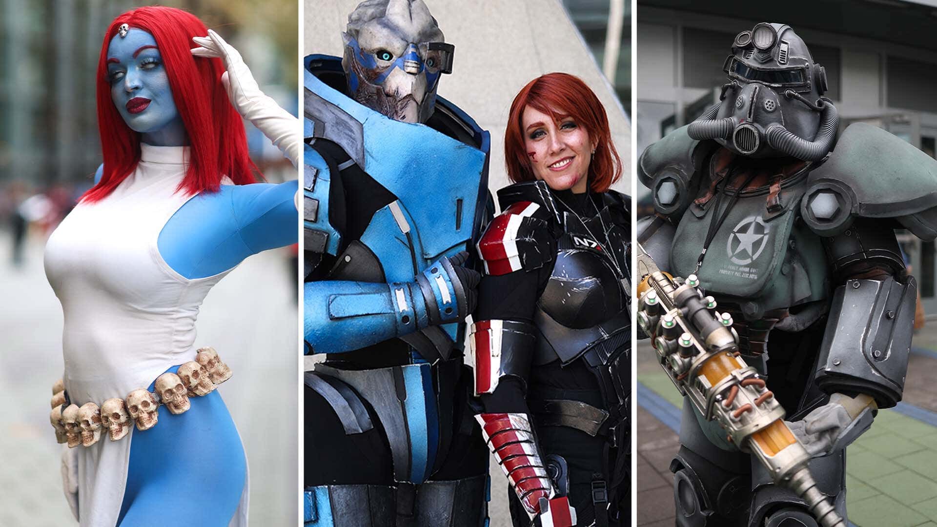 Cosplayers Mystique, Garrus, Fem Shep and Fallout stand at WonderCon 2024. 